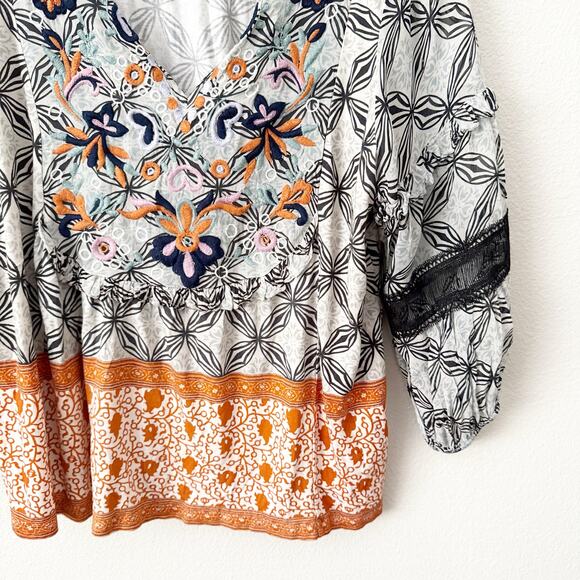 ANTHROPOLOGIE | Viscose Boho Top Blouse Blue Orange White Embroidered | Large - Picture 3 of 7